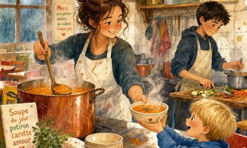 O femeie, Maria, zâmbitoare și concentrată, față rotundă cu pistrui ușori, păr șaten prins într-un coc dezordonat, poartă un șorț alb puțin pătat și servește o supă portocalie aburindă dintr-o oală de cupru cu o lingură mare de lemn; un adolescent, Andrei (≈14 ani), cu păr scurt și închis la culoare, timid dar atent, taie legume pe o tocătoare și ține o cratiță mică; un băiețel, Luca (≈6 ani), blond, cu tunsoare scurtă, cu ochi mari și un zâmbet uimit, întinde mâna spre un bol de pe tejghea; cantina e o încăpere joasă și primitoare cu mese joase din lemn, scaune roșii și galbene, faianță albă stropită și o fereastră aburită, iar aburul și picăturile de supă creează o atmosferă caldă în timp ce Maria îi dă bolul lui Luca și Andrei pregătește următoarea porție.