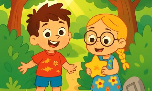 Um menino de 4 anos, com cabelos castanhos bagunçados e olhos brilhantes de curiosidade, está em pé em um caminho secreto, com um grande sorriso no rosto. Ele usa uma camiseta vermelha com estampas de dinossauros e um short azul. Ao lado dele, uma menina de 4 anos, com cabelos loiros trançados e óculos redondos, observa maravilhada uma pedra em forma de estrela que segura em suas pequenas mãos. Ela veste um vestido colorido com flores e sandálias amarelas. O local é um parque verdejante, cheio de árvores majestosas com folhas de um verde vibrante, com raios de sol filtrando através dos galhos. O chão é coberto de grama macia e pequenas flores silvestres, criando uma atmosfera mágica. A cena principal mostra o menino e a menina descobrindo um caminho secreto atrás de um arbusto, cercados por folhas caídas e pedras misteriosas, prontos para explorar e desvendar o mistério dos desenhos nas pedras, com expressões de excitação e aventura em seus rostos.