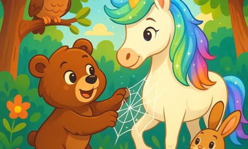 Un piccolo orso di nome Oscar, con un morbido pelo marrone e occhi pieni di curiosità, si trova al centro della scena, sorridendo con meraviglia. Sta liberando un maestoso unicorno dai crini scintillanti, che brilla sotto il sole. L'unicorno, con la sua corna dorata e il pelo bianco splendente, guarda Oscar con gratitudine, i suoi occhi pieni di dolcezza. Intorno a loro, la foresta è lussureggiante, con alberi imponenti dalle foglie verdi brillanti e fiori colorati che punteggiano il terreno. I raggi di sole filtrano tra i rami, creando un'atmosfera magica e accogliente. La scena principale mostra Oscar mentre libera l'unicorno da una ragnatela brillante, mentre animali della foresta, come un saggio vecchio gufo posato su un ramo e un allegro coniglio dalle grandi orecchie, li osservano con ammirazione e incoraggiamento.