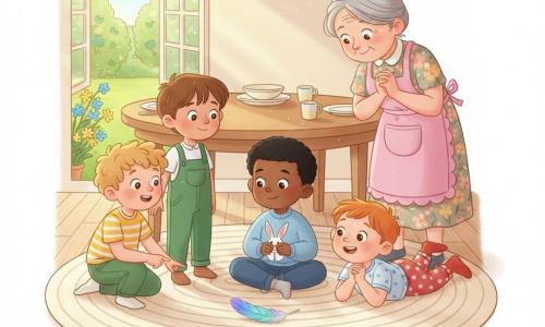 Há 5 personagens: Garoto 1 — Tito, 3 anos, pele clara, cabelo loiro curto e encaracolado, camiseta amarela listrada, agachado à esquerda do tapete apontando uma pena brilhante; Garoto 2 — Nino, 3 anos, pele morena, cabelo castanho liso, jardineira verde, à direita de Tito em ponta dos pés olhando a pena; Garoto 3 — Beto, 3 anos, pele bronzeada, cabelo preto curto, suéter azul‑claro, sentado ao centro segurando um coelhinho de papel branco; Garoto 4 — Léo, 3 anos, pele clara com sardas, cabelo ruivo, meias vermelhas e pijama de bolinhas, deitado de barriga para baixo sorrindo diante da pena; Avó — Vovó Lina, cerca de 70 anos, cabelo grisalho preso, pele enrugada, vestido floral e avental rosa, em pé atrás da mesa inclinada para as crianças com olhar afetuoso. Local: cozinha campestre iluminada, chão de tábuas claras, tapete creme no centro, mesa de madeira com pratos e xícaras, janela aberta para jardim com flores amarelas e azuis, luz morna da manhã. Situação principal: uma pequena pena azul irisada no centro do tapete, crianças ao redor maravilhadas, avó observando com ternura, atmosfera de Páscoa feliz em tons pastel, composição centrada na pena e nos rostos.