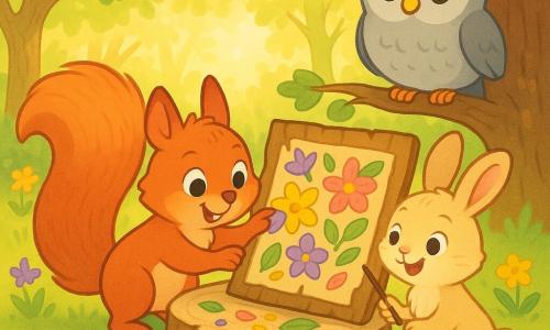Pim, een kleine roodbruine eekhoorn met een heel pluimige staart en grote nieuwsgierige ogen, lacht breed en plakt bloemblaadjes en bladeren op een grote schorsposter; Kiki, een pluizig beige konijntje naast hem met glanzende ogen en een penseel van een takje, kijkt blij naar het werk; Odo, een ronde grijze uil met zachte veren, zit op een dikke eikenkloon achter hen en kijkt kalm knikkend toe; locatie: zonnige open plek in een lentebos met glanzend groen gras en gele en paarse bloemen; scène: lentewerkplaats rond een kleurrijke poster op een stronk, verspreide blaadjes en blaadjes, warme lichte sfeer, felle kleuren, eenvoudige vormen, nette vectorstijl met zachte contouren en verzadigd pastelpalet.