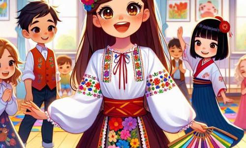 O fetiță de 6 ani, Maria, cu părul lung și brunet și ochi strălucitori de curiozitate, poartă o ie tradițională românească frumos ornamentată cu flori colorate. Zâmbește cu entuziasm, ținându-și rochia cu mândrie, în timp ce se află în centrul unui cerc de colegi. La dreapta ei, Javier, un băiat de 5 ani cu părul negru și pielea măslinie, agită un evantai colorat adus din Spania, afișând un mare zâmbet. La stânga ei, Akiko, o fetiță de 6 ani cu părul negru și neted și pielea deschisă, poartă un kimono japonez și dansează cu bucurie, adăugând o notă de grație scenei. Decorul se desfășoară într-o clasă luminoasă, plină de desene colorate agățate pe pereți, cu covoare pufoase pe podea și feronerie care lasă să intre lumina soarelui, creând o atmosferă caldă și primitoare. Situația principală arată cum Maria și prietenii ei își împărtășesc culturile respective, fiecare prezentând un obiect simbolic din țara de origine, râzând și distrându-se împreună, celebrând astfel diversitatea și prietenia.