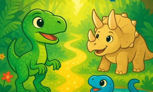Een velociraptor genaamd Ravi, met stralend groene schubben en nieuwsgierige sprankelende ogen, staat op zijn tenen, met zijn klauwen licht in de lucht, klaar om te verkennen. Naast hem kijkt Tia, een triceratops met majestueuze hoorns en een beige huid, met een speelse glimlach, terwijl Mino, een mini-mosasaurus met blauwe schubben en een golvende staart, vrolijk in een nabijgelegen vijver zwemt. De omgeving is een weelderig Vergeten Woud, vol grote groene varens, kleurrijke bloemen en zonnestralen die door het dichte loof komen. Boven hen vliegen vogels met heldere veren, wat een vleugje magie aan de omgeving toevoegt. De hoofdscene toont Ravi en zijn vrienden die een glinsterend pad ontdekken, verlicht door gouden lichtstralen, dat lijkt te leiden naar een verborgen schat, terwijl een zachte bries de bladeren om hen heen laat dansen, wat een sfeer van opwinding en avontuur creëert.