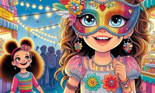 A 12-year-old girl, Emily, stands at the center of the scene, wearing a shiny mask adorned with sequins and colorful feathers. Her face radiates excitement and curiosity, with sparkling eyes and a bright smile. She is dressed in a festive dress in vibrant colors, featuring floral patterns and glitter that sparkles in the sunlight. Next to her, her best friend Mia, also 12, wears a flamboyant carnival costume in bright pink and blue. With curly hair and a big smile, she holds a star-shaped balloon, looking at Emily with admiration. The backdrop is a lively carnival, with colorful stands filled with treats, twinkling lights, and children laughing and playing around them. Balloons float in the blue sky, and multicolored banners dance in the wind. The main scene shows Emily and Mia, surrounded by laughter and joy, ready to join the costume parade, with confetti flying in the air, creating a festive and magical atmosphere.