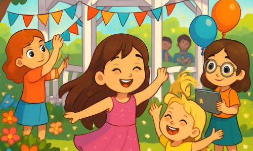 There are 4 children: Mia, an 8-year-old girl with long brown hair and sparkling eyes, wearing a pink dress with sequins, joyfully dancing at the center of the scene. Lily, also 8, has braided blonde hair and a big smile, wearing a yellow t-shirt and a floral skirt, spinning around with her arms raised, full of energy. Rosie, an 8-year-old with curly red hair and freckles, is on the left, focused on hanging colorful garlands around the gazebo. Anna, with brown hair and round glasses, stands on the right, holding a tablet and smiling as she checks that everything is ready for the party. The setting is a sunny park with a white wooden gazebo decorated with multicolored garlands and floating balloons, surrounded by vibrant flowers, with sunlight filtering through the tree leaves, creating a magical atmosphere. The main scene shows the children dancing together, surrounded by sparkling lights in the air, while smiling guests applaud and enjoy the celebration.