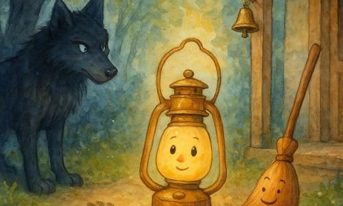 Lucille, a small anthropomorphic gold-and-glass lantern with a gentle determined expression and a flickering yellow-orange flame, hesitates on the threshold of a wooden cottage holding her handle like a hand while looking at deep wolf tracks in the mossy forest path at dusk; the Tall Bad Wolf, a lanky black-blue canine with piercing silver eyes and a restrained sly look, stands a few paces away in the tree shadows, his paws leaving deep impressions; Bristle, a light-wood animated broom with reddish bristles, smiles kindly and sweeps the path to Lucille’s right as if ready to protect, and a small polished brass bell hangs on the porch behind her, all composed centrally in a soft watercolor palette with warm highlights (flame, golden light) and cool contrasts (shadows, fur).