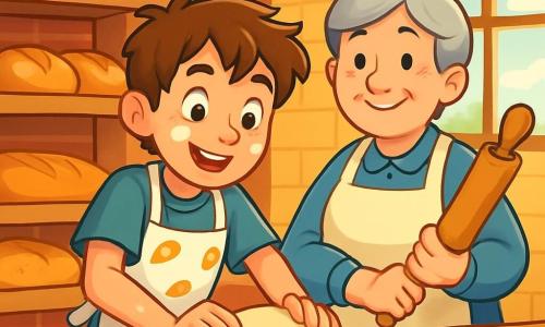 A young boy named Oliver, about 12 years old, with messy brown hair and flour spots on his smiling face, is kneading bread dough in a bright bakery. He wears a white apron with drawings of small loaves, and his eyes shine with excitement and determination. Next to him, a cheerful woman, Mrs. Prunella, around 50 years old, with gray hair in a bun and rosy cheeks, proudly watches Oliver while holding a rolling pin. The bakery is warm, with red brick walls, shelves filled with golden bread, and windows letting in the morning light. Oliver is shaping a beautiful loaf of bread, his hands covered in flour, while the delicious smell of fresh bread fills the air.