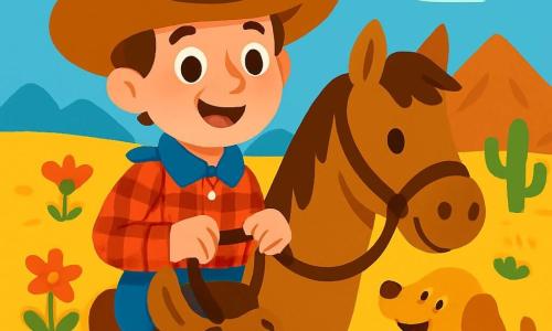 Un hombre, Tomás, es un vaquero sonriente con un gran sombrero de cowboy y una camisa a cuadros rojos y azules. Tiene ojos brillantes de emoción y sostiene firmemente las riendas de su caballo. A su lado, su fiel perro Chispa, un pequeño cachorro de pelo dorado, mueve la cola con entusiasmo, listo para la aventura. El escenario es una vasta pradera dorada, salpicada de flores silvestres y cactus, bajo un cielo azul brillante con algunas nubes blancas esponjosas. A lo lejos, se alzan majestuosas montañas, que quizás esconden el tesoro tan ansiado. La situación principal muestra a Tomás, decidido y alegre, preparándose para salir en busca de oro, con su perro ladrando alegremente a su lado, en un ambiente de descubrimiento y aventura.