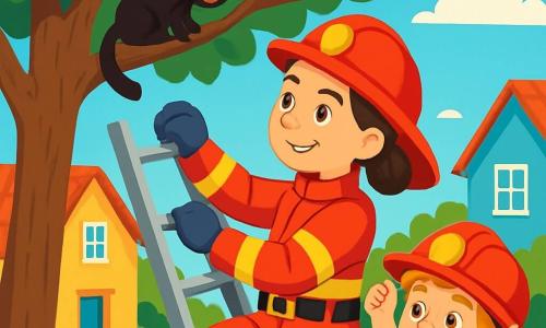 La capitana Laura, una mujer valiente con cabello castaño recogido en un moño, lleva un uniforme de bombero rojo brillante. Su rostro expresa determinación y bondad mientras sonríe al mirar un pequeño gato negro en un árbol. A su lado, Diego, un niño de 8 años con cabello rubio y ojos brillantes, lleva un casco de bombero demasiado grande para él. Levanta los brazos en señal de ánimo, lleno de admiración por Laura. La ilustración se desarrolla en un encantador pueblo, con casas de colores y jardines florecidos, bajo un cielo azul claro. Un gran árbol con frondosas hojas verdes se erige en el centro, donde el gato está atrapado, maullando suavemente. La escena muestra a Laura subiendo con seguridad por la escalera de emergencia, lista para salvar al gato, mientras Diego aplaude con entusiasmo, creando una atmósfera de camaradería y aventura.