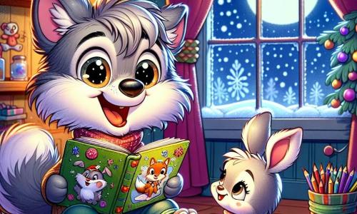 Wally, a small wolf with gray fur and sparkling eyes, sits in his cozy den surrounded by colorful papers and crayons. He wears a big smile, brimming with excitement and creativity, as he writes in a storybook he made himself. Next to him, Bella, an adorable little rabbit with big ears and white fur, watches in wonder at the book Wally created. She is full of joy, her eyes shining with admiration as she holds a cup of hot chocolate in her little paws. The scene takes place in Wally's den, decorated with twinkling garlands and gently falling snowflakes outside the window. The interior is warm, with soft light emanating from a small lamp, creating a festive atmosphere. Wally and Bella share a magical moment, with Wally proudly presenting his Christmas storybook while Bella is eager to open it, excited to discover the adventures inside.