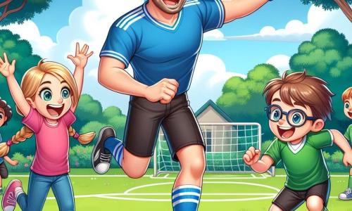 Un hombre llamado Pablo, sonriente y entusiasta, está en el centro de la imagen. Tiene el cabello castaño, lleva una camiseta de fútbol azul y pantalones cortos negros, y está golpeando un balón de fútbol con energía. A su lado, una niña de unos 8 años, con el cabello rubio trenzado y una camiseta rosa, levanta los brazos emocionada por el juego. Un niño de 7 años, con gafas y una camiseta verde, corre hacia el balón, listo para recibirlo. La escena tiene lugar en un parque verde, con árboles majestuosos de fondo, un cielo azul salpicado de nubes blancas y un campo de hierba bien cuidado. Pablo, rodeado de los niños, muestra cómo pasar el balón, creando un ambiente alegre y amistoso donde todos aprenden y se divierten juntos.