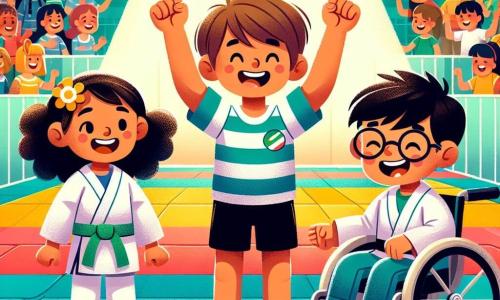 En un gimnasio colorido, cuatro niños se preparan para una competencia de judo. Lucas, un niño de 10 años con cabello castaño desordenado y una gran sonrisa, lleva una camiseta rayada y pantalones deportivos. Está en el centro, levantando los brazos en señal de victoria. A su derecha, Sofía, una niña de 9 años con cabello rizado y un vestido colorido, lo anima con una gran sonrisa, los brazos levantados. A su izquierda, Tomás, un niño de 10 años en silla de ruedas, ríe alegremente sosteniendo un pequeño cartel de apoyo. Finalmente, Javier, un niño de 9 años con gafas y cabello negro, se encuentra detrás de ellos, con las manos en las caderas, listo para animarlos. El gimnasio está lleno de tatamis verdes, pelotas coloridas y espectadores entusiastas. La escena muestra a Lucas listo para entrar al tatami para su combate, rodeado de sus amigos que lo animan con entusiasmo, ilustrando el espíritu de equipo y la amistad en el deporte.