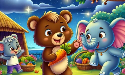Um urso marrom chamado Beto, com pelagem macia e olhos brilhantes de curiosidade, está no centro da cena, sorrindo entusiasticamente enquanto segura uma grande cenoura com suas patas. Ao seu lado, Lila, uma elegante elefanta com grandes orelhas rosas, dança alegremente, sua tromba levantada, enquanto Chico, um pequeno macaco travesso com pelagem marrom e cauda enrolada, pula ao redor deles, rindo e lançando frutas ao ar. A cena acontece em uma cabana de jardim colorida, cercada por flores vibrantes e legumes frescos, sob um céu estrelado e uma lua brilhante que ilumina tudo com uma suave luz prateada. Ao fundo, aparece a silhueta da sábia Dona Coruja, empoleirada em um galho, observando com um sorriso benevolente. A situação principal mostra Beto e seus amigos celebrando um piquenique noturno, cercados de delícias e risadas, após resolverem o mistério das cenouras desaparecidas, criando uma atmosfera alegre e amigável.