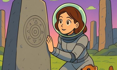 Una donna di nome Ada, sulla trentina, con capelli castani e occhi pieni di curiosità, indossa una tuta spaziale grigia e un filtro atmosferico verde chiaro sul viso. Si trova davanti a un enorme monolite di pietra liscia, con le mani appoggiate sulla superficie, lo sguardo meravigliato e determinato. Vicino a lei, un piccolo animale a sei zampe, simile a un furetto, la osserva curiosamente, con occhi brillanti e un pelo morbido e setoso. Il paesaggio è una radura su Dymos, con un cielo viola e nuvole verdi fluttuanti, circondata da colonne di pietra che si ergono maestose, creando un'atmosfera misteriosa e magica. La scena mostra Ada mentre esplora i cerchi di pietra, affascinata dai simboli geometrici incisi, mentre una dolce luce dorata del sole di Dymos illumina la scena, aggiungendo un tocco di calore all'ambiente extraterrestre.