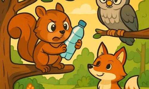 Un piccolo scoiattolo di nome Nocciolino, con occhi brillanti di curiosità e pelliccia marrone, si trova su un ramo di una grande quercia, tenendo una bottiglia di plastica tra le piccole zampe. Ha un'espressione determinata e preoccupata, pronto ad agire per salvare il suo habitat. Nelle vicinanze, un saggio gufo dalle piume grigie e occhi rotondi, Gufoletto, osserva la scena con aria seria, pronto a dare consigli. Una volpe astuta, Fiorella, con un pelo rosso brillante, si trova a terra, guardando Nocciolino con ammirazione, il suo volto pieno di incoraggiamento. Il luogo è una foresta verdeggiante, illuminata da una luce dorata, con alberi maestosi, fiori colorati e un ruscello scintillante che serpeggia nel paesaggio. La situazione principale mostra Nocciolino che scopre la bottiglia di plastica in un laghetto nascosto, rendendosi conto dell'importanza di proteggere la natura e decidendo di prendere misure per pulire il suo ambiente.