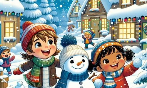 Drei fröhliche Kinder stehen im Mittelpunkt der Szene: Mia, ein 8-jähriges Mädchen mit braunen Haaren und Zöpfen, trägt einen roten Schal und baut einen Schneemann. Neben ihr lächelt Lukas, ein 9-jähriger Junge mit zerzausten blonden Haaren, während er eine Schneeball wirft. Schließlich schaut Emma, ein 7-jähriges Mädchen mit lockigen Haaren und einer blauen Mütze, fasziniert zum Himmel, wo ein kleiner, funkelnder Stern herabsteigt. Die Szenerie zeigt ein verschneites Dorf mit Holzhäusern, deren Dächer mit Schnee bedeckt sind, bunten Lichtern an den Fenstern und geschmückten Tannenbäumen. Der Boden ist mit einer dicken Schicht makellosen Schnees bedeckt, und sanfte Schneeflocken fallen vom sternenklaren Himmel. Die Hauptsituation zeigt die Kinder, die im Schnee spielen, umgeben von Lachen und Freude, während ein kleiner leuchtender Stern sie zu einem Haus führt, in dem eine herzliche Familie gemeinsam einen glücklichen Moment teilt.