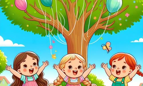 Drei kleine Mädchen, Mia, Leni und Emma, stehen in einem sonnigen Garten. Mia, 7 Jahre alt, hat lange braune Haare und trägt ein rosa gepunktetes Kleid. Sie steht links mit erhobenen Armen vor Aufregung. Leni, ebenfalls 7 Jahre alt, hat blonde geflochtene Haare und trägt ein gelbes T-Shirt mit blauen Shorts. Sie steht in der Mitte und zeigt auf einen großen Baum. Emma, die Kleinste mit 6 Jahren, hat rote Haare und trägt eine grüne Latzhose. Sie steht rechts, springt mit einem großen Lächeln und hält einen bunten Regenschirm. Der Garten ist mit bunten Blumen gefüllt, und ein großer Baum steht in der Mitte, dessen Äste hoch in den blauen Himmel ragen. Ein bunter Ballon ist in den Ästen stecken geblieben und schwebt sanft im Wind. Die Mädchen versuchen, den Ballon aus dem Baum zu holen, indem sie auf den Schultern der anderen stehen, haben aber Schwierigkeiten, das Gleichgewicht zu halten, was sie zum Lachen bringt.
