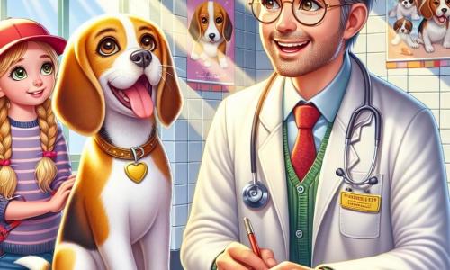 Im Zentrum des Bildes steht Dr. Felix, ein Mann in den Vierzigern mit leicht grauen braunen Haaren und runden Brillen. Er trägt einen weißen Tierarzthat und lächelt freundlich, während er einen kleinen Beagle namens Bella untersucht, der begeistert mit dem Schwanz wedelt. Neben ihm schaut Mia, ein 10-jähriges Mädchen mit langen blonden Zöpfen, fasziniert mit neugierigen Augen zu. Sie hält ein kleines Skizzenbuch in den Händen, bereit, das Gesehene zu zeichnen. Etwas weiter entfernt beobachtet Tim, ein 9-jähriger Junge mit einer roten Mütze, aufmerksam mit verschränkten Armen und einem entschlossenen Gesichtsausdruck. Die Szene spielt sich in der hellen und bunten Tierarztpraxis ab, wo Tierposter die Wände schmücken und Spielzeug für Tiere auf dem Boden verstreut ist. Sonnenstrahlen fallen durch die Fenster und erhellen den Raum mit sanftem Licht. Die Hauptsituation zeigt Dr. Felix, der Bella, den kleinen Beagle, beruhigt, während Mia und Tim fasziniert die Welt der Tierärzte entdecken und lernen, wie man sich um Tiere kümmert.