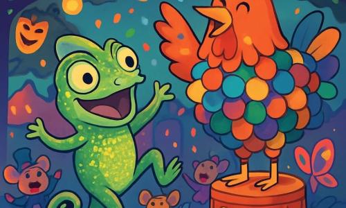 Un camaleón llamado Lino, con escamas verdes y doradas brillantes, está bailando alegremente en medio de una multitud de criaturas coloridas. Su rostro expresa emoción y curiosidad, con ojos chispeantes de felicidad. A su lado, un gran gallo llamado Don Pompón, cubierto de pompones multicolores, sonríe con benevolencia, lanzando confeti al aire. Tiene un aire sabio y divertido, de pie sobre un pequeño escenario decorado con flores. Al fondo, la plaza del carnaval está llena de faroles luminosos, máscaras coloridas colgadas de los árboles y criaturas danzantes como roedores disfrazados de magos y mariposas gigantes. La escena representa el momento en que Lino, rodeado de sus amigos, celebra la alegría del carnaval, en un ambiente festivo y mágico, con risas y colores vivos.