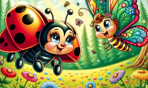 Ilustración que representa una mariquita de alas brillantes, adornadas con pequeños puntos negros, que vuela alegremente sobre un campo de flores coloridas. Tiene grandes ojos brillantes y una sonrisa contagiosa, mostrando su espíritu aventurero. Junto a ella, una mariposa de alas multicolores, con patrones delicados, expresa una ligera preocupación, sus antenas vibrando mientras busca su preciado collar de flores. Se encuentra justo debajo de la mariquita, levantando la cabeza con esperanza. El lugar principal es un claro soleado del bosque mágico, donde árboles majestuosos se alzan alrededor, sus hojas bailando al viento, y flores de todos los colores florecen, creando un cuadro vivo y encantador. La situación principal muestra a la mariquita y la mariposa en plena búsqueda del collar de flores perdido, rodeadas de la belleza natural del bosque, con un sentimiento de aventura y amistad palpable en el aire. Otros elementos gráficos incluyen rayos de sol filtrándose a través de las ramas, luciérnagas brillando en el cielo, y pequeños animales curiosos observando la escena, añadiendo un toque de magia a la ilustración.