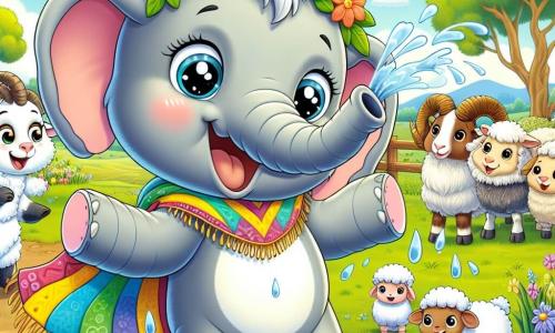 Un elefant vesel numit Emil, cu piele gri și urechi mari, stă în centrul scenei, stropind apă dintr-un iaz cu un zâmbet mare pe față. Poartă o pelerină colorată din frunze, iar privirea sa strălucitoare arată entuziasmul pentru aventură. La dreapta sa, o mică oaie albă numită Oana, cu ochi curioși și lână pufoasă, îl privește pe Emil râzând, purtând o coroană de flori pe cap. La stânga, un berbec numit Beni, cu coarne mărețe și o expresie amuzată, aplaudă stând pe picioarele din spate, pregătit să-și încurajeze prietenul. Decorul este o fermă însorită, cu câmpuri verzi, copaci înfloriți și un iaz strălucitor unde nufărul plutește liniștit. În fundal, alte animale adunate, precum iepuri și păsări colorate, adaugă viață scenei. Situația principală îl arată pe Emil sărind vesel în iaz, stropind toți prietenii săi, în timp ce un curcubeu se conturează în cerul albastru, simbolizând bucuria și prietenia din această aventură amuzantă.