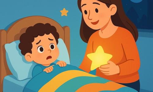 Een jongetje van 2 jaar, met krullend haar en heldere ogen, ligt in zijn bed. Zijn gezicht toont een lichte angst, met gefronste wenkbrauwen en een mond in de vorm van een klein 