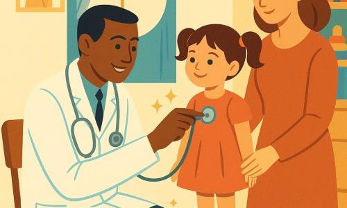Un medico sorridente e benevolo in camice bianco con stetoscopio argento è seduto e porge delicatamente lo stetoscopio a una bambina di circa 4 anni con capelli castani a coppette e occhi vivaci che sale su una bilancia colorata; la madre, circa 30 anni con capelli castani, le tiene la mano sorridendo rassicurante. Lo studio è luminoso, pareti crema con poster di animali, grande finestra rotonda con tenda blu e una mensola in legno con libri e giocattoli; sulla bilancia un piccolo clic immaginario è suggerito da stelle dorate e numeri soffici. L'atmosfera è calda e sicura; il medico ascolta il cuore della bambina con sguardo attento e gesto protettivo. Colori dominanti: pastelli caldi (giallo pallido, azzurro, pesca) con accenti dorati e linee chiare in stile art déco.