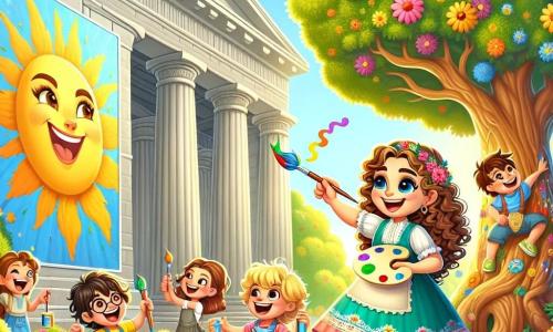 Un'artista donna di nome Sofia, con lunghi capelli ricci e un grande sorriso, si trova davanti a un grande muro grigio, tenendo un pennello colorato in una mano e una tavolozza di colori nell'altra. È piena di entusiasmo e energia, pronta a trasformare il muro in un'opera d'arte vibrante. Accanto a lei, Marco, un ragazzo di circa 8 anni con capelli biondi in disordine e occhi brillanti, sta dipingendo un grande sole giallo, sollevando le braccia in segno di eccitazione. Poco più in là, Giulia, una ragazza di 7 anni con trecce castane e un vestito verde, è concentrata sul suo albero gigante, aggiungendo fiori colorati con cura. Il luogo è un parco soleggiato, pieno di verde, con alberi maestosi e fiori vivaci. La scena principale mostra Sofia e i bambini mentre ridono e dipingono insieme, creando un'atmosfera magica e vivace.
