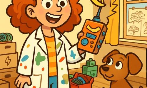 Jetje, een vrouw met krullend, rood haar, staat in haar rommelige kamer met glinsterende ogen van opwinding en een grote glimlach op haar gezicht. Ze draagt een laboratoriumjas vol verfspatten en houdt een vreemd apparaat vast met een banaanvormige antenne. Naast haar kijkt haar schattige hond Plof, met bruin haar en grote oren, nieuwsgierig naar Jetje's uitvinding. In een hoek van de kamer is een raam zichtbaar dat zonlicht binnenlaat, waardoor schetsen van haar uitvindingen aan de muur verlicht worden. De kamer is vol met verschillende gereedschappen, materialen en verspreide speelgoedjes, wat een chaotische maar creatieve sfeer creëert. Jetje test haar Spullenspotter 3000, een apparaat dat knipperende lichten en leuke geluiden maakt, terwijl ze probeert een verloren voorwerp te lokaliseren, met een vastberaden en enthousiaste uitdrukking op haar gezicht.