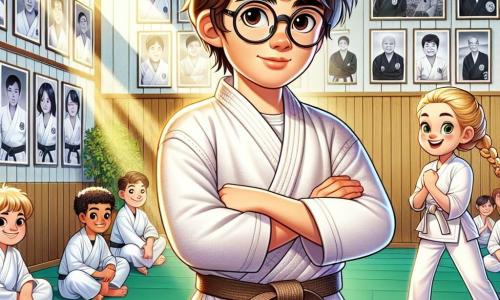 A 12-year-old boy, Leo, with messy brown hair and round glasses, stands in the center of the image, displaying a determined and focused expression. He wears a white karate gi, highlighting his commitment to the sport. Next to him is his best friend Mia, a 12-year-old girl with braided blonde hair and a bright smile, encouraging him with a confident look, arms crossed, ready to support him. The setting is a traditional dojo, with light wooden walls adorned with photos of karate masters. The floor is covered with green tatami mats, and sunlight streams through the windows, creating a warm and inspiring atmosphere. The scene shows Leo and Mia preparing for a friendly karate match against a rival team, with children from Pineville eagerly waiting their turn in the background. Leo is in a fighting stance, ready to showcase his skills, while Mia enthusiastically cheers him on, illustrating teamwork and camaraderie.