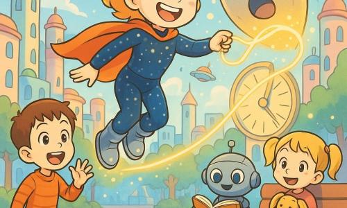 Nova Noodle is a joyful, determined woman with a brave smile, wearing a midnight-blue suit speckled like stars, a short bright-orange comet-tail cape and silver hover-step boots; she floats above the street, casting a soft luminous rope from her bracelet to gently secure it to a large yawning, sleeping wall-shield, reassuring the city. A 6-year-old brown-haired boy waves from a colorful sidewalk at left and a 4-year-old blonde pigtail girl holds a comforter and smiles on a bench at right near a round metal librarian robot with an open book. Sunny-Sky City shows pastel candy towers with rounded windows, small multicolored flying vehicles, floating light bubbles, shiny paved tiles and a large sundial; the scene is bright, safe and slightly magical.