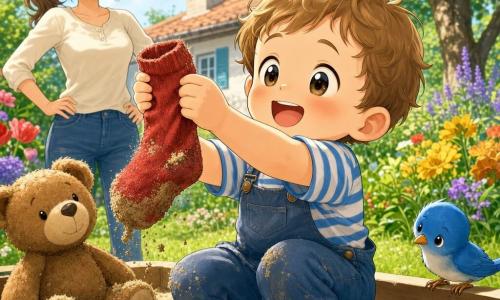 A 2-year-old boy with a round face and light brown tufted hair, bright round eyes and a delighted curious smile crouches in a sandbox holding a dusty red sock; an adult mother (~30) with long ponytailed hair stands behind him on the left, hands on hips and a gentle smile; a plush brown teddy sits beside the sandbox and a small bright blue bird perches on the right rim; sunlit garden with green grass, colorful flowers, a tree and a house with blue shutters in the background; main scene: joyful discovery — the boy holds the red sock like a treasure, morning light, soft manga-style colors and outlines.