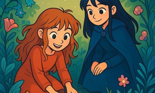 A twelve-year-old girl named Willow, an apprentice witch, stands in the center of an enchanted garden. She has messy, long copper hair, curious sparkling eyes, and a look of wonder on her face. Crouched down with her hands in the soil, she is planting a small glowing seed that radiates a soft silver light. Next to her, Mira, another girl of the same age with night-black hair and sparkling eyes, watches with a knowing smile. She wears a blue cape that gently floats around her, adding a touch of mystery to the scene. The garden is magical, filled with vividly colored and oddly shaped plants. Silver leaves and luminous flowers bloom around them, while vines whisper softly, creating a fairy-tale atmosphere. The scene captures Willow planting the seed, surrounded by the garden's magic, as a silver glow begins to emanate from the ground, promising a wonderful future.
