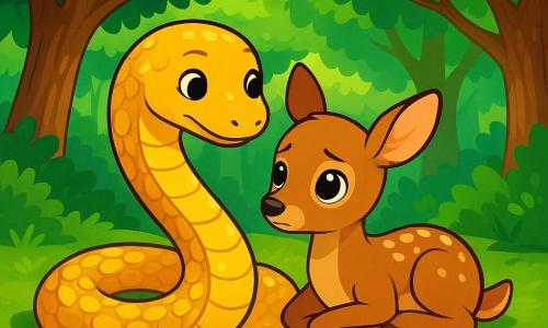 A snake with scales shining like coins glides gently on a mossy path, wearing a soft yet determined expression. Beside it, a small fawn with tea-colored fur and large, worried eyes snuggles against the snake, seeking comfort. Their bodies are surrounded by a lush forest, where majestic trees with thick trunks and vibrant green leaves create a peaceful atmosphere. Sunlight filters through the branches, casting dancing shadows on the ground. The scene depicts the snake and fawn helping each other, with the snake offering its back as a bridge to cross a sparkling stream, symbolizing friendship and solidarity in a magical world.