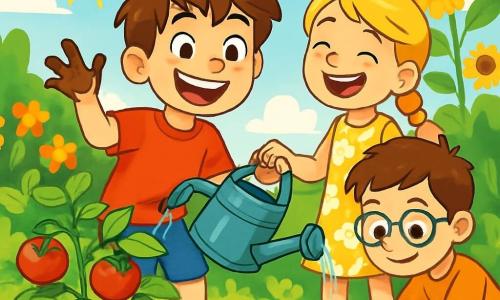 A 10-year-old boy, Sammy, with messy brown hair and a big beaming smile, waters tomato plants in a sunny garden. He wears a red t-shirt and blue shorts, with dirt on his hands, showing an expression of joy and excitement. Next to him, Mia, a 10-year-old girl with braided blonde hair and a floral dress, holds a watering can and laughs at Sammy. Leo, a 10-year-old boy with glasses and brown hair, crouches down planting seeds, focused and smiling. The garden is lush, filled with rows of green vegetables, colorful flowers, and tall sunflowers swaying gently in the breeze. The blue sky is dotted with fluffy white clouds, and the sun shines brightly, illuminating the scene with golden light. Sammy and his friends are surrounded by laughter and the sweet smell of freshly turned soil, sharing a moment of happiness and camaraderie while gardening.