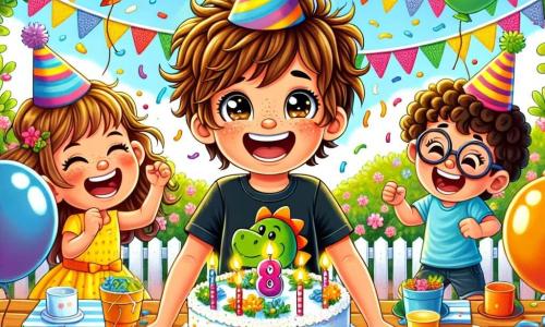 Un niño de 8 años, Lucas, con el cabello castaño desordenado y ojos brillantes de alegría, lleva una camiseta de dinosaurio y un sombrero de fiesta colorido. Sonríe ampliamente, sosteniendo un gran pastel de cumpleaños decorado con velas y purpurina, rodeado de sus amigos. Sofía, una niña de 8 años con cabello rizado y gafas, está al lado de Lucas, saltando de alegría con globos multicolores en las manos. Sus rostros expresan emoción y amistad. El fondo es un jardín soleado, lleno de flores brillantes, guirnaldas de papel y mesas decoradas con platos coloridos. Globos flotan en el aire, creando un ambiente festivo y alegre. La escena representa el momento en que Lucas sopla las velas de su pastel de cumpleaños, rodeado de sus amigos que cantan "Feliz Cumpleaños" con sonrisas radiantes, capturando el espíritu de la celebración y la amistad.