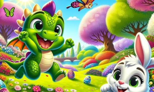 Un pequeño dragón llamado Tiko, con escamas brillantes de color verde y ojos chispeantes de alegría, está saltando de felicidad en un parque soleado, rodeado de flores coloridas y árboles en flor. Junto a él, Rocco, un pequeño conejo de grandes orejas y pelaje blanco, está hurgando en la hierba con un aire curioso y emocionado, buscando huevos de Pascua escondidos. Lila, una mariposa de alas multicolores, vuela alegremente sobre ellos, con ojos brillantes de entusiasmo mientras ayuda a encontrar los huevos. El parque está lleno de colores vivos, con huevos decorados escondidos entre las flores y árboles majestuosos que se extienden hacia el cielo azul. La escena es animada y alegre, capturando el espíritu festivo de la búsqueda de huevos de Pascua, con risas y una atmósfera de camaradería.