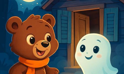 Um pequeno urso pardo, com pelagem suave e sedosa, usa um cachecol laranja vivo e exibe uma expressão de curiosidade misturada com excitação. Ele está diante de uma velha casa de madeira, com janelas desbotadas e a porta entreaberta, iluminada pela luz da lua. Ao seu lado, um pequeno fantasma translúcido, chamado Fredo, flutua timidamente. Ele tem olhos redondos e brilhantes, e seu rosto expressa uma doce nervosidade. Fredo olha para Bruno com um sorriso tímido, pronto para acompanhá-lo na aventura. A cena ocorre em uma floresta noturna, onde as árvores são altas e escuras, e folhas douradas cobrem o chão. A casa, cercada por uma leve névoa, emana uma atmosfera misteriosa, mas acolhedora. Bruno e Fredo estão diante da porta, prontos para entrar, enquanto estrelas cintilam no céu. A situação principal mostra Bruno, com o coração acelerado, pronto para descobrir os segredos da casa, enquanto Fredo o encoraja com um sorriso amigável.