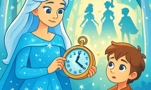 A Rainha da Neve, uma mulher majestosa com longos cabelos prateados, veste um vestido cintilante de azul gelado, adornado com cristais de gelo que brilham como estrelas. Seu rosto expressa uma doce determinação, com olhos de um azul profundo que refletem a magia da floresta. Ela está no centro da cena, segurando um antigo relógio mágico, cercada por flocos de neve que caem suavemente ao seu redor. Ao seu lado, um jovem príncipe, de cerca de 12 anos, com cabelos castanhos bagunçados e roupas simples, a observa com admiração. A cena se passa em uma floresta encantada, onde grandes árvores de troncos prateados se erguem em direção ao céu, com folhas brilhando como diamantes ao sol. Raios de luz filtram-se através dos galhos, criando sombras dançantes no chão coberto de neve. A situação principal mostra a Rainha da Neve girando o mostrador do relógio mágico, enquanto histórias antigas ganham vida ao seu redor. Silhuetas de princesas corajosas e príncipes respeitosos aparecem no ar, simbolizando a transformação dos contos de fadas tradicionais em narrativas de igualdade e aventura.