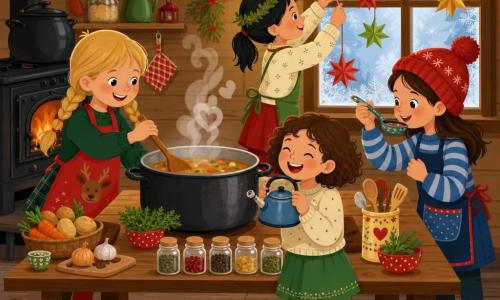 Quatro meninas de cerca de 7 anos preparam juntas uma sopa de Natal numa cozinha aconchegante de uma pequena casa de vila decorada para o Natal: Lila, loira de tranças, à esquerda mexe a sopa com uma colher de pau; Ana, morena com gorro vermelho, à direita prova com uma pequena concha; Bia, cabelo curto e encaracolado, à frente ri segurando uma pequena chaleira; Flor, cabelo preto apanhado, atrás pendura estrelas de papel na janela; há uma grande panela fumegante na mesa, guirlandas, frascos de especiarias e utensílios coloridos, luz dourada e atmosfera alegre de partilha e amizade.