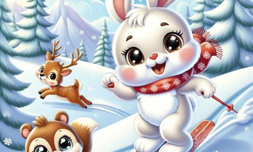 A small rabbit named Benny, with fluffy white fur and big curious eyes, wears a red scarf and has a wide smile of joy. He slides down a snowy slope, his little paws flying in the snow, while sparkling snowflakes fall around him. Nearby, a squirrel named Sammy, with brown fur and sparkling eyes, laughs as he throws a snowball at Benny, his little paws raised in encouragement. Further away, a gentle doe named Lily, with caramel fur and kind eyes, watches with a smile, ready to help Benny learn to ski. The setting is a beautiful winter landscape, with majestic snow-covered fir trees, a clear blue sky, and bright sunshine illuminating the scene. The slope is gentle and inviting, dotted with animal footprints and sparkling snowflakes. The main scene shows Benny, the little rabbit, experiencing his first skiing adventure, surrounded by his friends, all laughing and having fun in this joyful winter adventure.