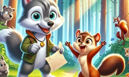 In der Mitte des Bildes schaut der kleine Wolf Linus mit seinem grauen Fell und seinen neugierigen Augen auf ein mysteriöses Stück Papier, voller Aufregung und Entschlossenheit. Er steht auf seinen Hinterbeinen, den Kopf leicht geneigt, bereit, ein neues Rätsel zu lösen. Neben ihm springt das Eichhörnchen Finja vor Freude, mit ihrem braunen Fell und dem buschigen Schwanz, ihre Augen funkeln vor Schalk. Sie hält ein kleines Stück Nuss in ihren Vorderpfoten und ist bereit, Linus bei seiner Untersuchung zu ermutigen. Im Hintergrund wird der große, grüne Wald von sanftem Morgenlicht durchflutet, mit Sonnenstrahlen, die durch die Blätter filtern. Bunte Blumen bedecken den Boden, und eine Gruppe neugieriger Tiere beobachtet die Szene und verleiht der Illustration Leben. Linus und Finja entdecken das geheimnisvolle Papier im großen Wald, umgeben von ihren tierischen Freunden, die alle von dem Geheimnis des Papiers fasziniert sind.