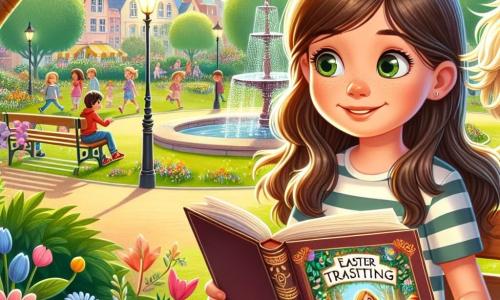 Een 10-jarig meisje, Lotte, met lange bruine haren en nieuwsgierige ogen, zit op een bank in een zonnig park. Ze glimlacht enthousiast terwijl ze een oud boek met kleurrijke pagina's vasthoudt, omringd door Paasdecoraties. Naast haar kijkt Max, haar beste vriend van 10 jaar met messy blond haar en een gestreept t-shirt, gefascineerd naar het boek, zijn ogen stralend van opwinding. Het park is vol met schitterende bloemen en groene bomen, met een mooie fontein in het midden en kinderen die op de achtergrond spelen. Lotte en Max ontdekken een mysterieus boek over Paastradities, klaar om op avontuur te gaan en een verborgen schat te vinden.