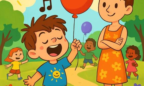 Un niño de 4 años, llamado Nico, con cabello castaño desordenado y grandes ojos brillantes de alegría, canta con entusiasmo mientras sostiene un globo rojo brillante que flota sobre su cabeza. Tiene una sonrisa radiante y mejillas sonrosadas, y lleva una camiseta azul con un dibujo de sol y un short amarillo. A su lado, su mamá, una mujer de unos 30 años con cabello castaño recogido en un moño, lo anima con una cálida sonrisa. Ella lleva un vestido ligero de flores y está un poco apartada, con los brazos cruzados, admirando a su hijo con orgullo. El lugar es un parque soleado, lleno de vegetación, con árboles de hojas brillantes y flores coloridas en los senderos. Niños juegan a su alrededor, algunos con globos de diferentes colores, mientras que otros ríen y bailan. La escena principal muestra a Nico cantando alegremente, tratando de mantener su globo en el aire, mientras los otros niños se detienen para escucharlo, cautivados por su melodía pegajosa. La atmósfera es festiva y llena de risas, con rayos de sol iluminando la escena.