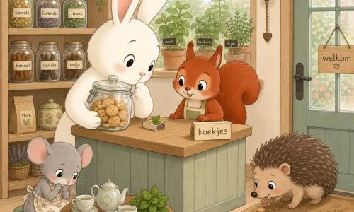 Bo, een grote witte konijn met zacht haar en lange oren, kijkt vriendelijk en houdt een glazen pot met kleine ronde koekjes vast terwijl een klein muntblaadje op een luciferdoosje ligt; Juna, een rood eekhoorntje, staat achter de houten toonbank met een hand bij een etiket "koekjes"; Miro, een bruine egel met afgeronde stekels, snuffelt naar kruimels bij de deurmat; Nila, een verlegen grijze muis in een bloement schort, zit bij een tuintafeltje met een theeservies en een kluitje munt; de warme, compacte buurtwinkel heeft houten planken, gelabelde kruidenpotten, een groot raam met buiten een kruidentoontje, een bel aan de deur en lichte vloerdelen; hoofdscène: een zachte, geruststellende onthulling — de detectivekonijn toont de teruggevonden pot terwijl vrienden zich rond de toonbank verzamelen, heldere, pastelkleurige sfeer met eenvoudige silhouetten en een gecentreerde compositie.