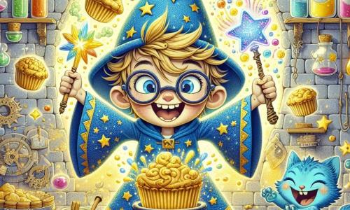Al centro dell'immagine, un giovane ragazzo, Marco, un apprendista stregone di dieci anni, con capelli arruffati e occhiali troppo grandi, esprime grande gioia ed eccitazione. Indossa una veste da stregone blu decorata con stelle dorate e tiene in mano una brillante Bacchetta dell'Arcobaleno che scintilla di mille colori. Accanto a lui, il suo migliore amico, Micio, un gattino blu dagli occhi scintillanti, salta felicemente, con un pizzico di farina sul musetto, rendendolo ancora più carino e divertente. Il contesto è la cucina magica di un drago, con muri di pietra decorati con pozioni colorate e pentole ribollenti. Ingredienti volanti fluttuano attorno a loro, e muffin dorati escono da un forno a forma di drago. La scena principale mostra Marco e Micio intenti a preparare muffin magici per il drago, con risate e un'atmosfera gioiosa, mentre bolle di pozione fluttuano nell'aria, creando un'atmosfera incantevole e divertente.