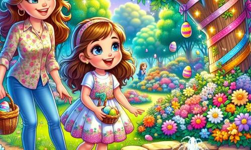 Una ragazza di 8 anni, di nome Martina, con lunghi capelli castani e occhi scintillanti di gioia, sta cercando uova colorate in un giardino fiorito. Indossa un vestito leggero a fiori e tiene un piccolo cesto di vimini tra le braccia, il suo viso irradia eccitazione e curiosità. Accanto a lei, sua madre, una donna di circa 35 anni con capelli castani raccolti in un chignon e un sorriso caloroso, la incoraggia mostrandole un posto dove si nascondono le uova. Indossa una blusa colorata e jeans, e si trova vicino a un albero decorato con nastri. Il giardino è incantevole, pieno di fiori dai colori vivaci, alberi verdi e una piccola fontana scintillante al centro, dove il sole brilla creando riflessi nell'acqua. La scena principale mostra Martina, piena di energia, che cerca con entusiasmo tra i fiori le uova di Pasqua nascoste, mentre sua madre la osserva con orgoglio e amore, creando un'atmosfera gioiosa e festosa.