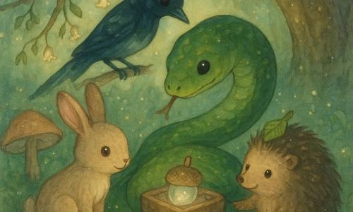 Un serpente verde scuro, lungo e sinuoso, occhi dolci, avvolto protettivamente intorno a una piccola scatola di corteccia che contiene una ghianda argentata che brilla debolmente; il serpente ha espressione benevola, scaglie delicate con leggere macchie gialle e lingua che fruscia; a sinistra la giovane lepretta Lina, piccola e agile, orecchie lunghe, pelo beige chiaro, inginocchiata e sorridente, guarda la scatola meravigliata; a destra il riccio tondo Nino, corpo bruno spinoso, con una foglia come cappello e una zampa sulla scatola, sorpreso e fiero; sopra, una gazza dal piumaggio nero-blu lucente su un ramo osserva curiosa; la radura nel bosco ha erba che scintilla, grandi funghi a ombrello, una radice che forma un riparo, piccole lucciole e fiori a campanella; il vento ha fatto rotolare la scatola e tutti si raccolgono teneramente per rimetterla sotto la radice e proteggere la ghianda luminosa.