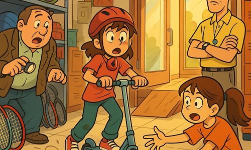 Cuatro personajes: Vega, niña de 12 años, pelo corto castaño, casco de bici rojo colgando del cuello, ojos vivaces, sobre una pequeña patineta azul claro en el centro del pasillo frenando bruscamente con postura dramática; Luna, niña de 12 años, pelo largo castaño en coleta, camiseta grande con la inscripción 