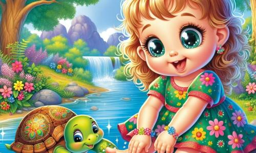 A 2-year-old girl with bright big eyes and curly golden hair joyfully plays by a sparkling river. She wears a colorful floral dress and splashes water with her little feet, displaying a radiant smile that shows her curiosity and joy. Beside her, a wise old turtle with a green shell adorned with golden patterns watches the girl kindly from a smooth rock, seemingly ready to share his wisdom. The setting is an enchanting landscape where the river winds between majestic trees with vibrant green leaves. The sky is a bright blue dotted with fluffy white clouds, while colorful flowers line the bank, adding a touch of magic to the scene. The main situation shows the girl playing in the water, splashing sparkling droplets around her, while the old turtle talks to her about the river and emotions, creating a joyful and philosophical learning moment.